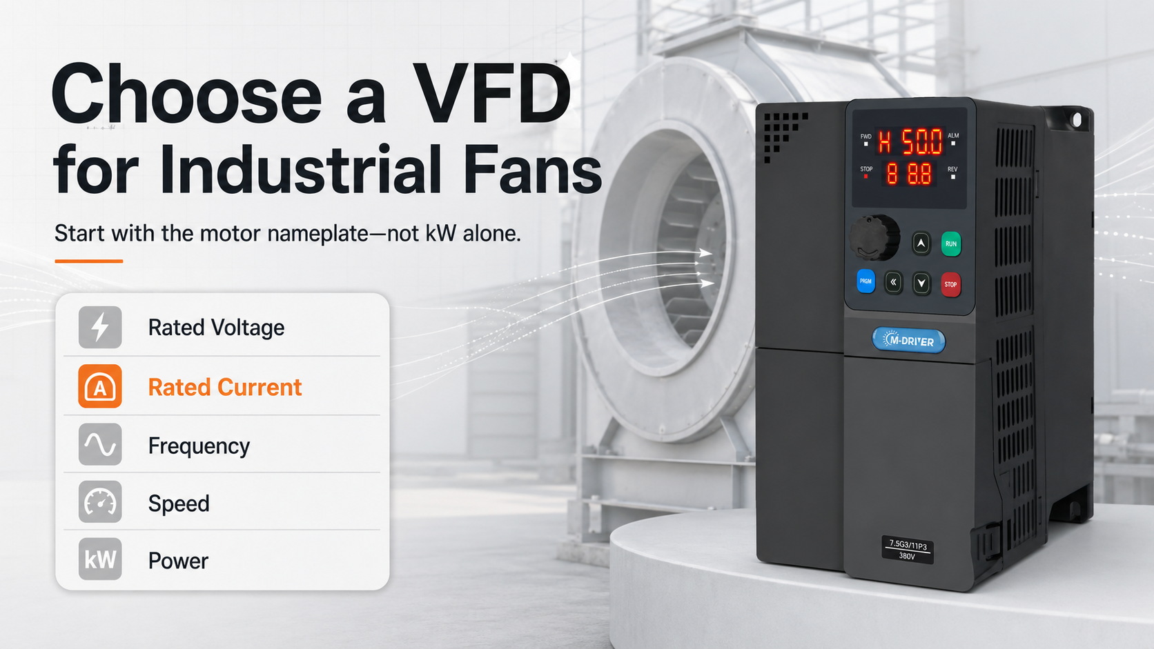 motor nameplate data for industrial fan VFD sizing
