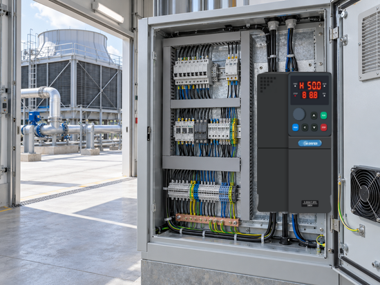 M-Driver 900 Series VFD installed in a cooling tower fan control cabinet